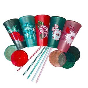 Starbucks 24oz Cold Cups (5 Cups, 5 Lids, & 5 Straws) Reusable Floral Christmas